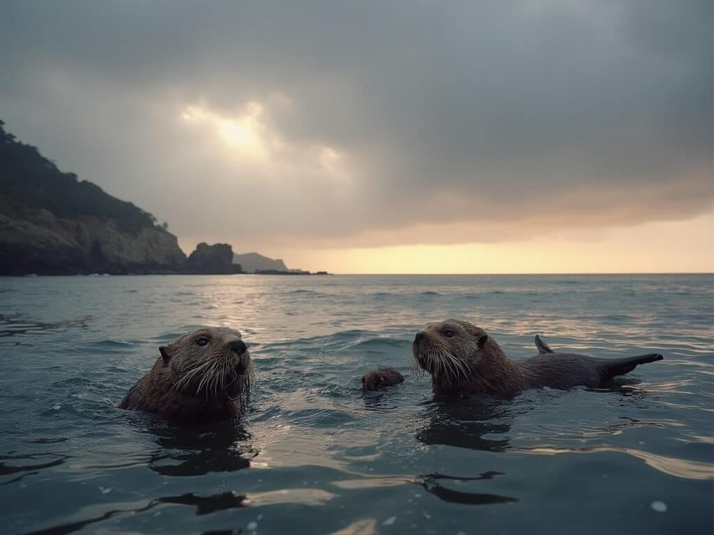 Sea otters floating in Monterey Bay under stormy winter sky during golden hour with minimal tourist presence