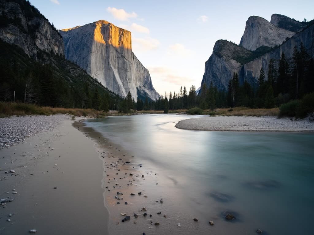 Early morning view of Sentinel Beach in Yosemite Valley, showcasing gentle river currents, sandy shores, and granite cliffs bathed in soft golden sunlight.