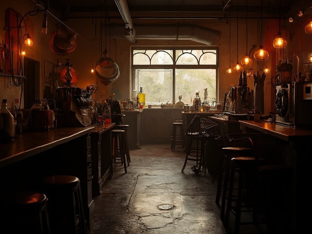 Interior view of Silicon Valley brewery with warm lighting, craft beer equipment and a window showcasing February weather