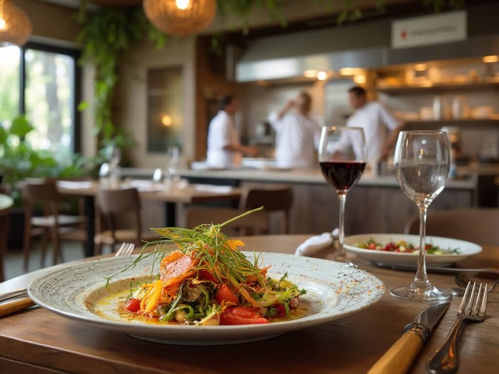 Interior of a farm-to-table restaurant in Silicon Valley, featuring a Portuguese-inspired dish with spring produce, elegant table setting, and chefs in an open kitchen, highlighting culinary innovation and multicultural dining