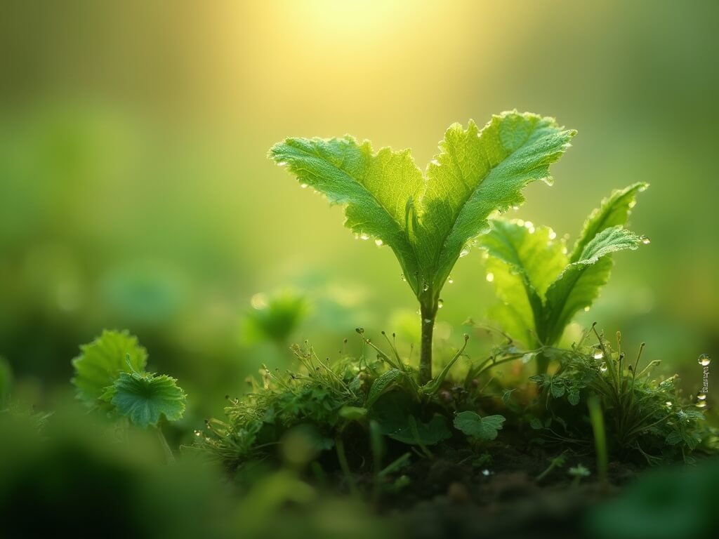 Close-up of fresh spring vegetation with sunlit dew droplets on leaves