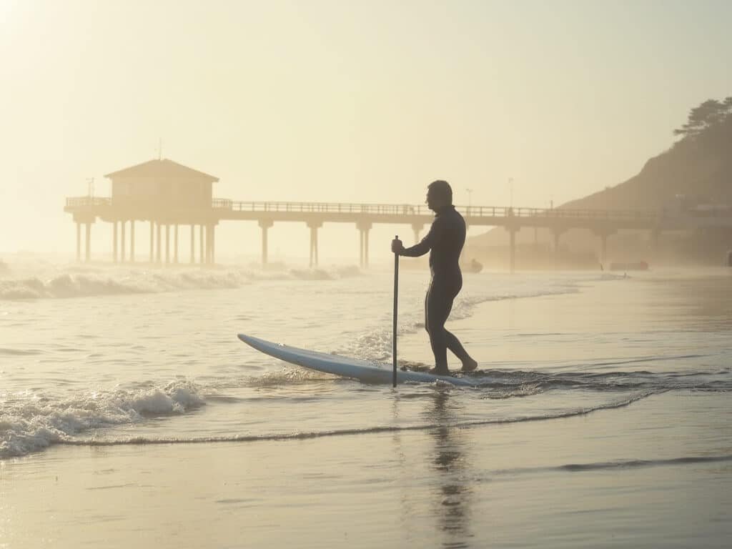 Lone surfer in wetsuit paddling out on calm October morning, with Pismo Pier and coastline in background