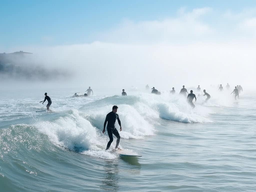 Surfers in full wetsuits catching waves at Pismo Beach, with lifting morning fog revealing bright blue sky