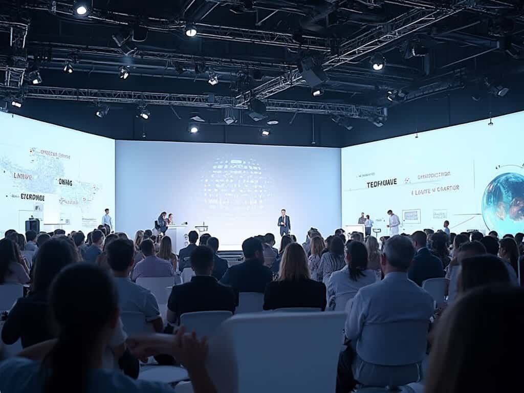 Modern technology conference at a Silicon Valley convention center, featuring innovators presenting startup ideas on minimalist white stages, with holographic displays and diverse professionals collaborating.