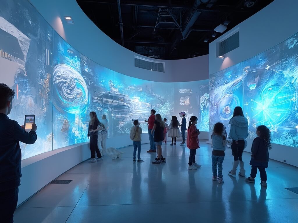 Visitors exploring interactive technology exhibits in a brightly lit, modern-designed Tech Interactive museum