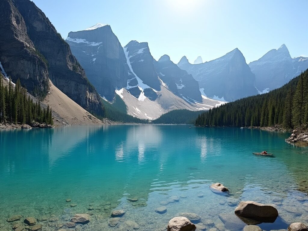 Panoramic view of Tenaya Lake at midday, capturing the vibrant blue water, surrounding pine trees, towering granite mountains, and distant swimmers enjoying the refreshing lake.