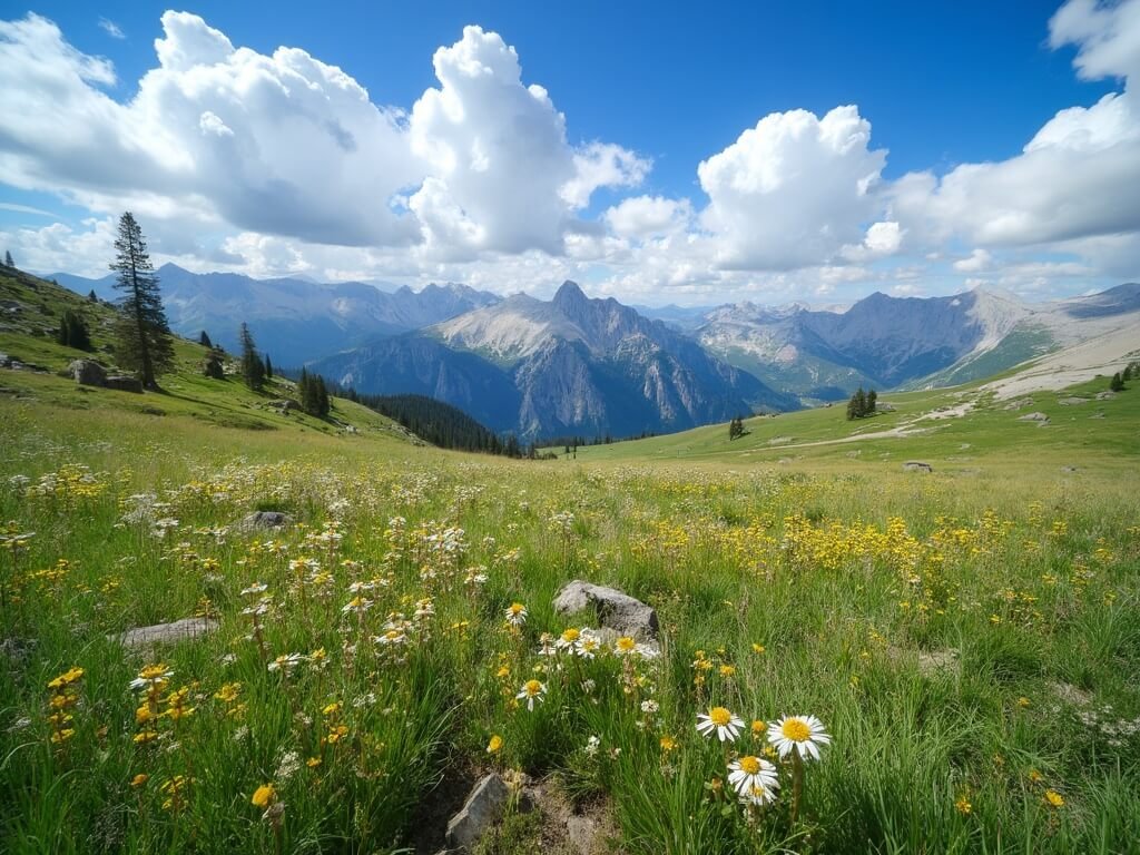 Tuolumne Meadows in June with wildflowers, green grasses, distant granite peaks under a blue sky with puffy white clouds