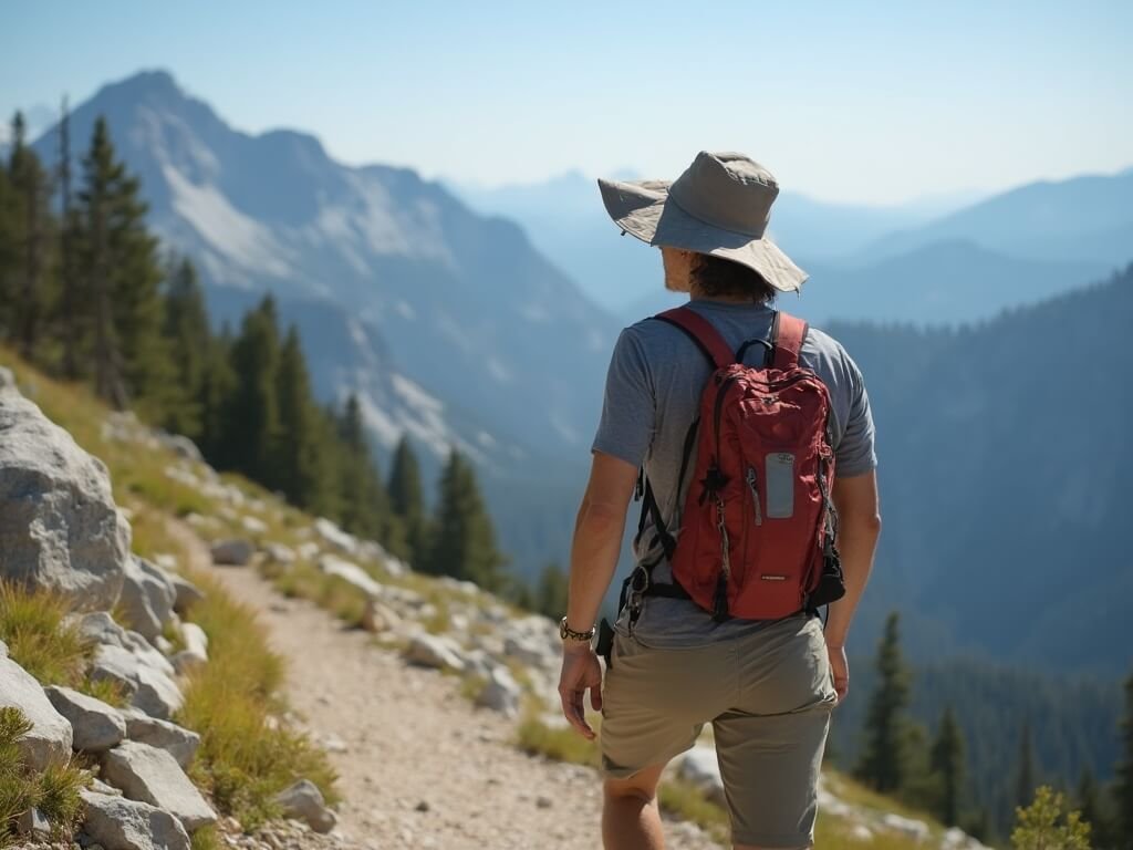 Hiker in lightweight attire with hydration pack on granite trail at Tuolumne Meadows, demonstrating July hiking preparation