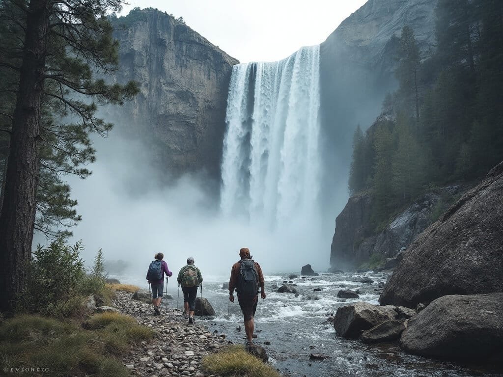 Hikers navigating the misty trails near Vernal Falls in Yosemite during June, equipped with layered clothing for temperature changes
