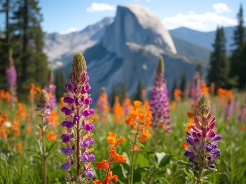 Close-up image of vibrant lupines and Indian paintbrush wildflowers in Cooks Meadow with a blurred Half Dome in the background