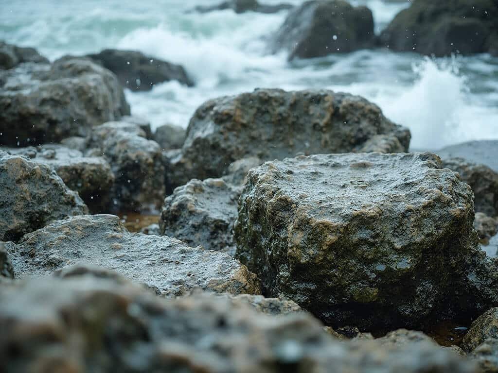 Windswept rocky coastline in January featuring wet stones, wind-worn rocks, and misty sea spray in muted grey, green, and brown tones