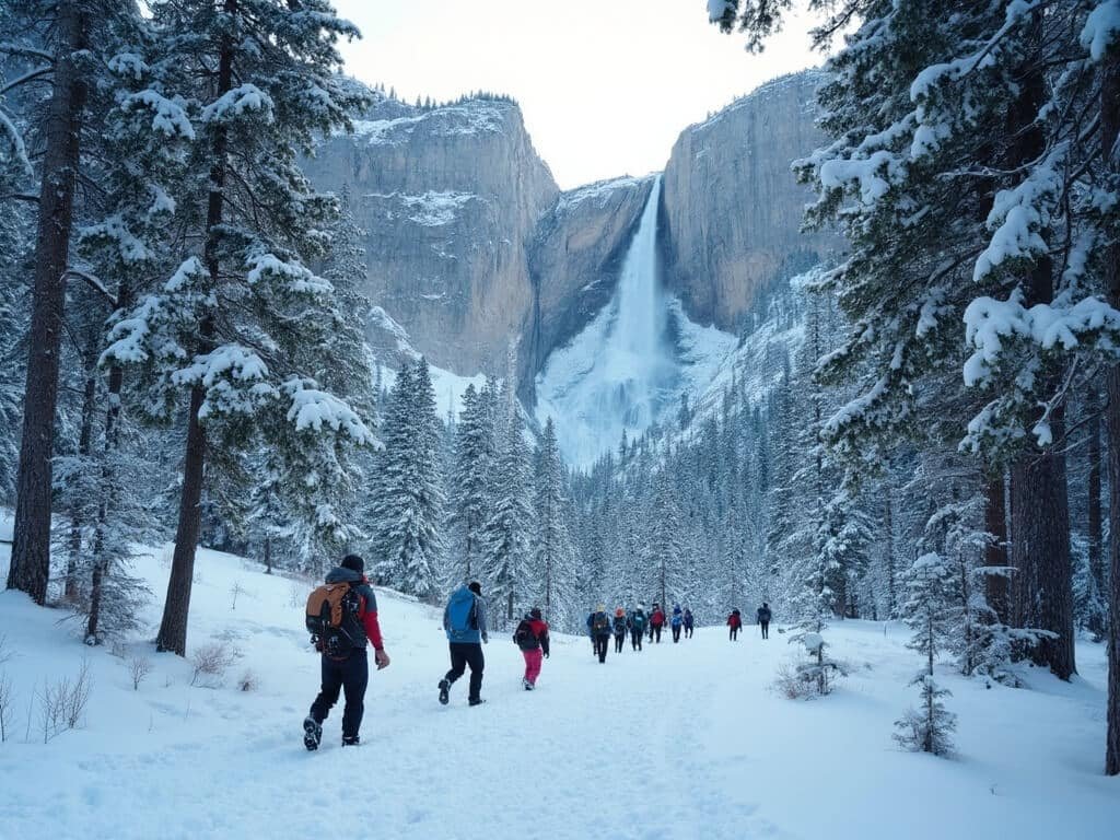 Winter hikers using microspikes on a snow-packed Lower Yosemite Falls Trail with partially frozen waterfall in the background, surrounded by snow-laden pine trees under soft winter light