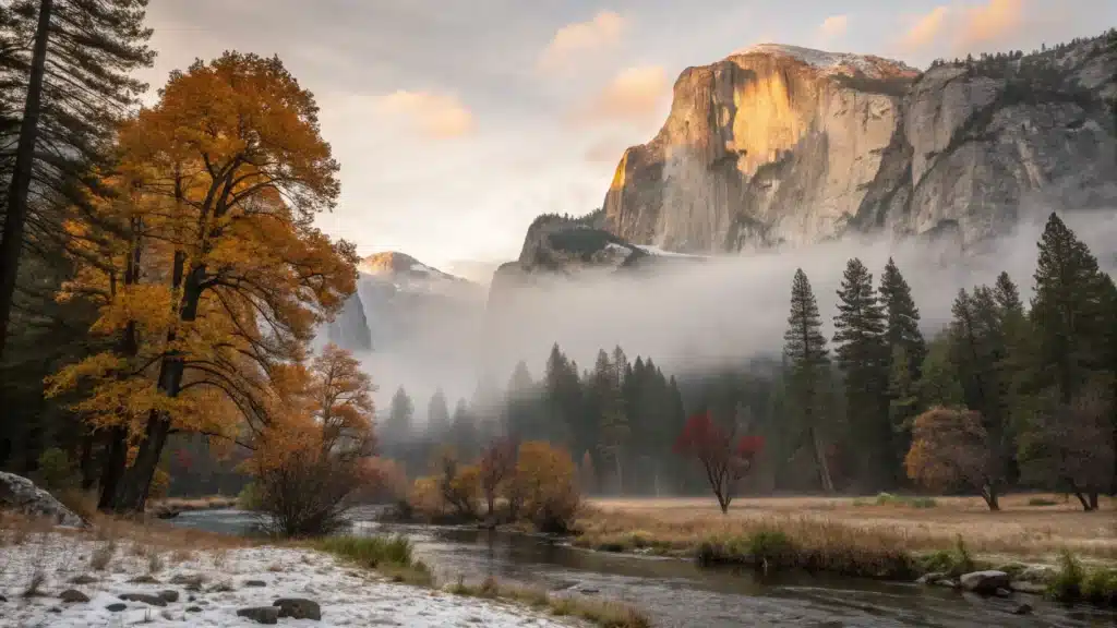 Why October in Yosemite Might Be the Secret Everyone's Been Keeping From You "Half Dome emerging from fog at sunrise in Yosemite Valley, with autumnal trees along the Merced River and El Capitan's granite walls in morning light"