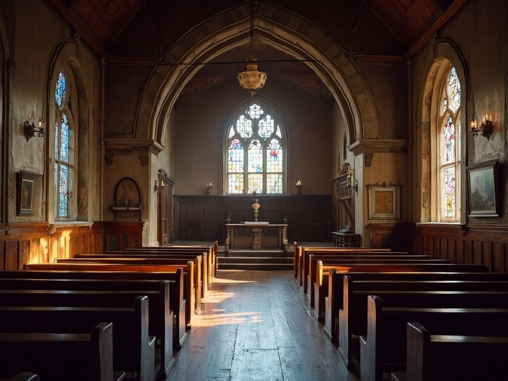 Interior view of Yosemite Valley Chapel with vintage wooden details and winter light through stained glass windows