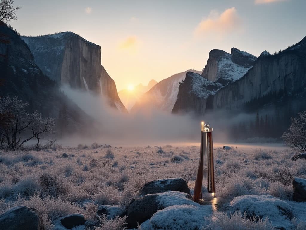 Wide-angle dawn view of Yosemite Valley showcasing temperature transition with misty low areas, frost-covered foreground, golden sunrise illuminating Half Dome, and a thermometer indicating temperature range