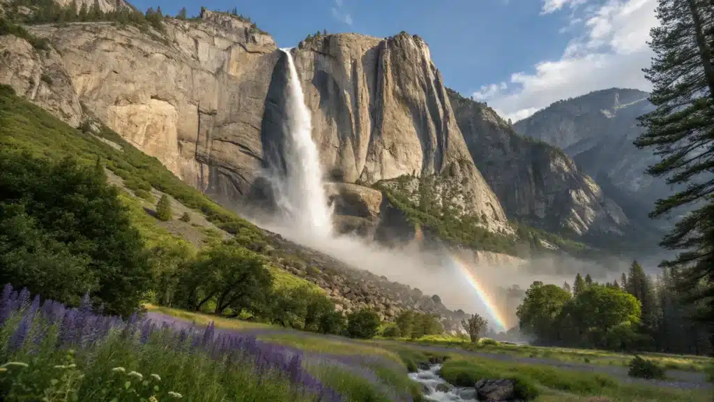 Why Yosemite Village in June Might Ruin Your Trip (And How to Make It Perfect Instead) "Dramatic scene of Yosemite Falls with high volumes of water creating a misty rainbow, lush vegetation and wildflowers in the foreground, Half Dome lit by morning sun in the background, and hikers on the trail for scale"