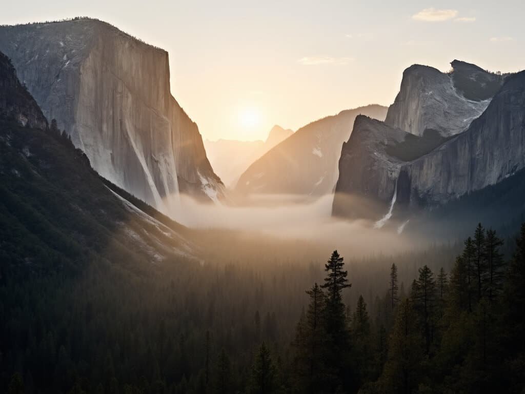 Yosemite Valley at sunrise with Half Dome in the background, golden morning light illuminating the misty fog over pine trees and granite formations