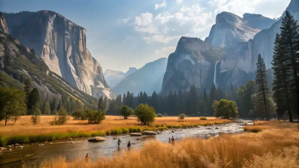 What Nobody Tells You About Visiting Yosemite Village in July (Until It's Too Late) "Hot Yosemite Valley floor with people in Merced River, towering granite cliffs under bright sunlight, and distant snow-dusted peaks in atmospheric haze, showcasing microclimates and extreme temperature contrast"