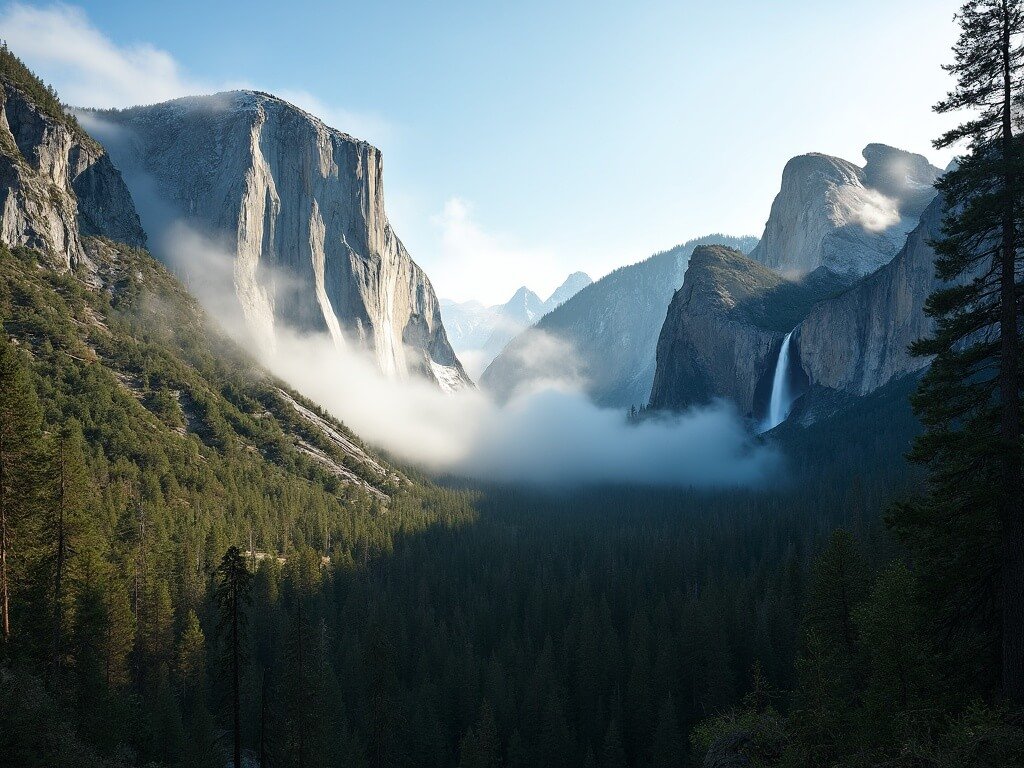 Sunlit granite cliffs and flowing Yosemite Falls contrasting with misty, chilly mountainside in Yosemite Valley during June
