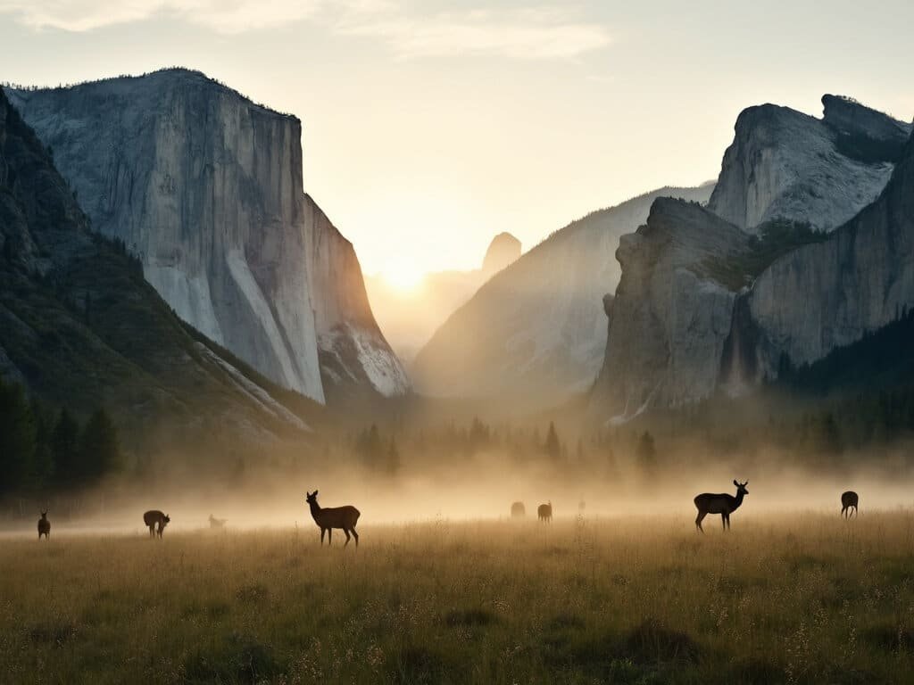 Sunrise over Yosemite Valley with mule deer grazing in misty meadow and Half Dome rising in soft golden light