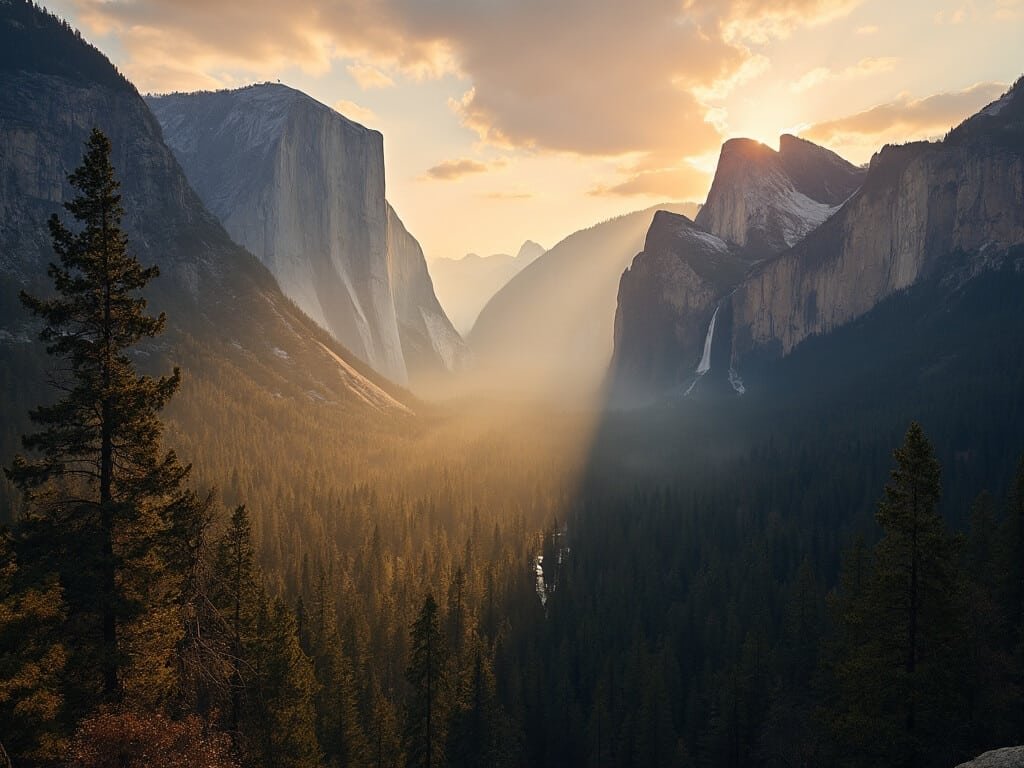 Sunrise illuminating Yosemite Valley's granite formations with morning mist rising from Merced River and light casting shadows on Half Dome and surrounding peaks