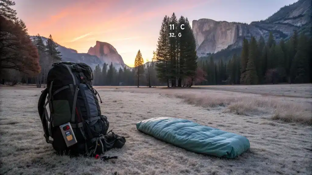 What Nobody Tells You About Yosemite Village in August (Until It's Too Late) "Dawn to noon split-scene photograph in Yosemite Valley, illustrating temperature change from frost-covered hiker's gear with Half Dome under pink sunrise to a heated landscape with rising heat shimmers and thermometer showing 21-degree swing, framed by El Capitan and pine trees."