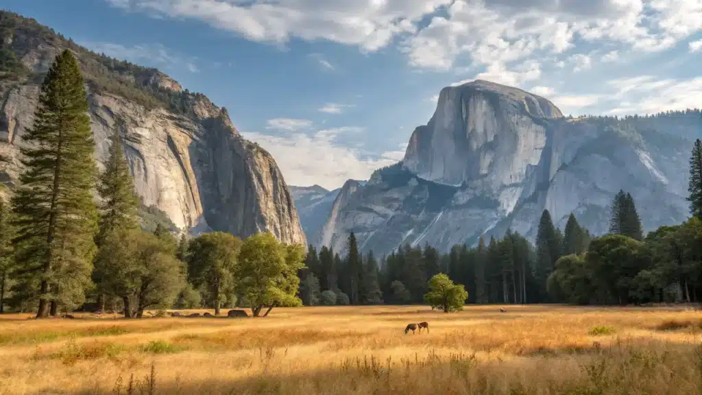 Why September in Yosemite Village Might Be Your Best Decision This Year (And What Nobody Tells You) "Yosemite Valley in September with Half Dome, dry Yosemite Falls, golden meadows, a foraging bear, grazing mule deer, distant snowy peaks, and photographers capturing the scene."