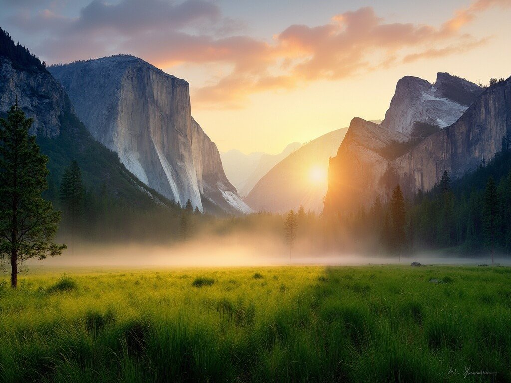Sunrise over Yosemite Valley with early morning mist over green meadows and sunlight on granite formations showing a 35-degree temperature transition
