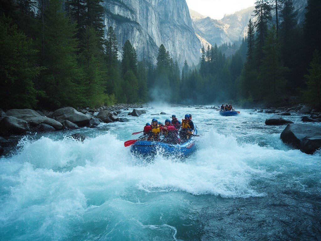 Adventurers whitewater rafting on the intense blue-white Merced River with a backdrop of Yosemite's granite cliffs and dense forest.