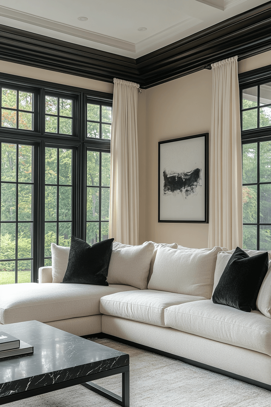 neutral living room with black accents