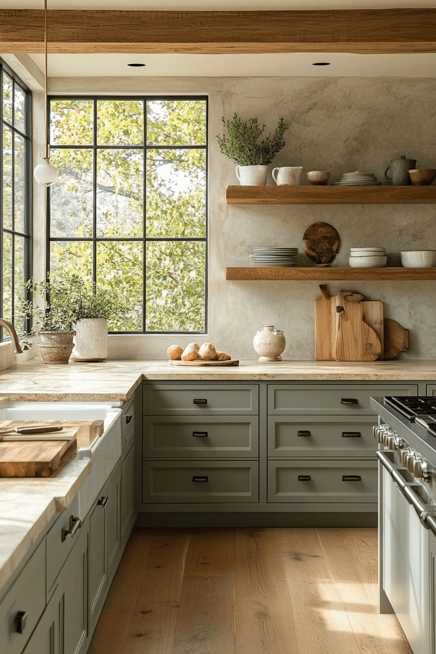 sage green and wood kitchen