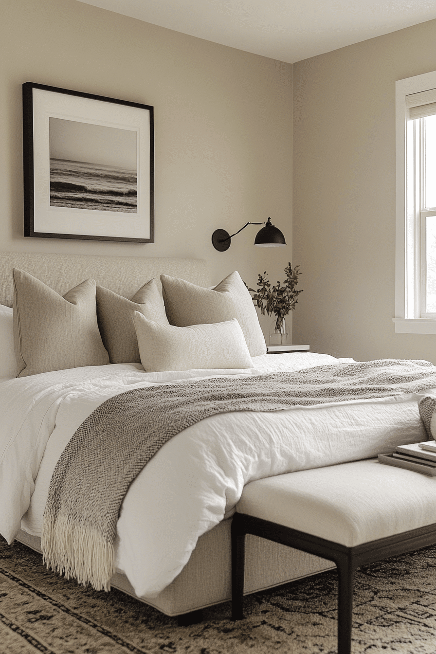 neutral bedroom with black accents
