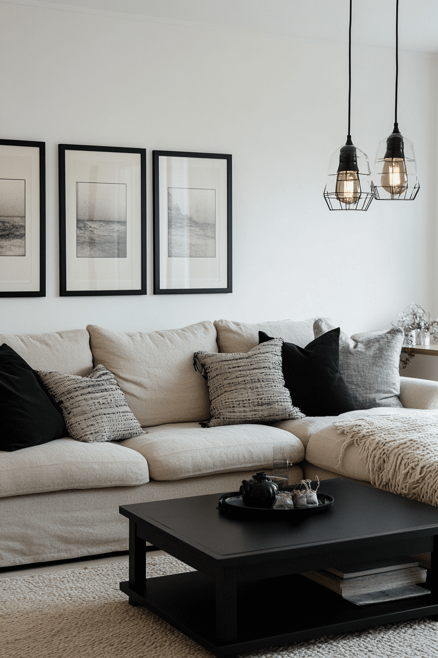 neutral living room with black accents