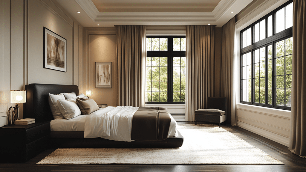 neutral bedroom with black accents