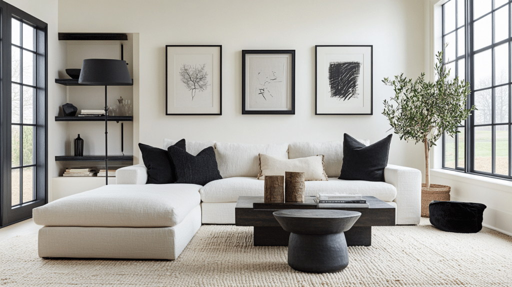 neutral living room with black accents