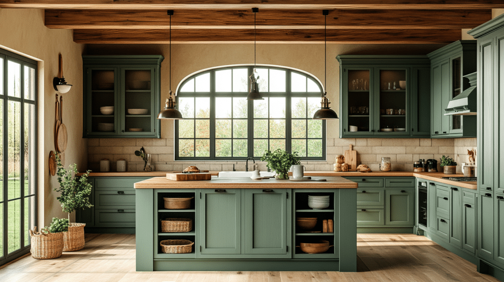 sage green and wood kitchen