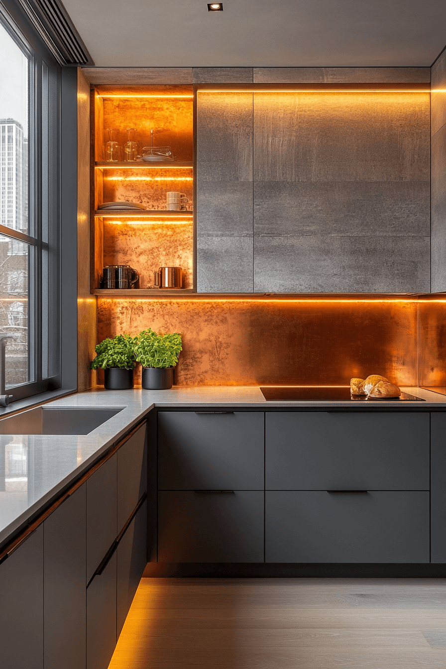 copper backsplash kitchen