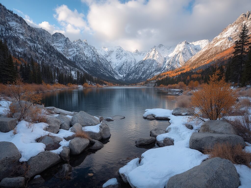 Golden hour view of Convict Lake with snow-dusted peaks, muted autumn colors, and calm reflective water under a partly cloudy sky.