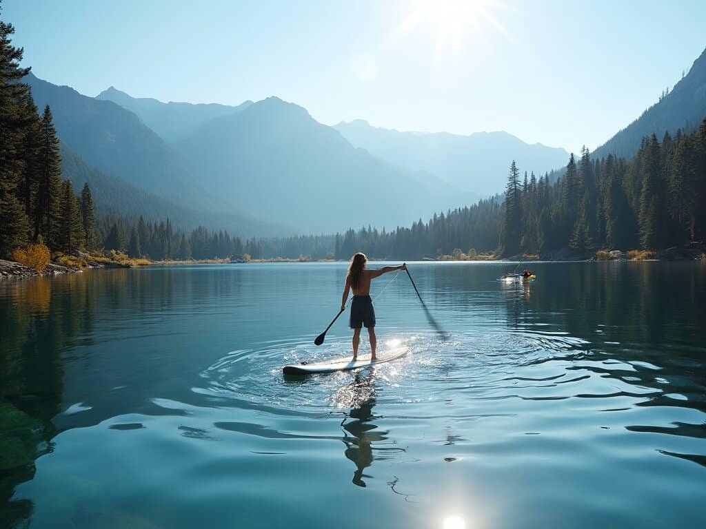 Stand-up paddleboarder on calm Lake Mary reflecting pine forests and mountains on a clear August morning with golden sunlight and rental gear on the shore.