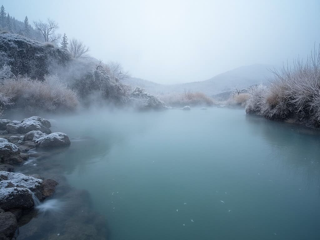 Steam rises from a natural hot spring in Mammoth Lakes on a grey November afternoon, with light snow falling onto frost-covered rocks and bare vegetation around the warm, steamy water.