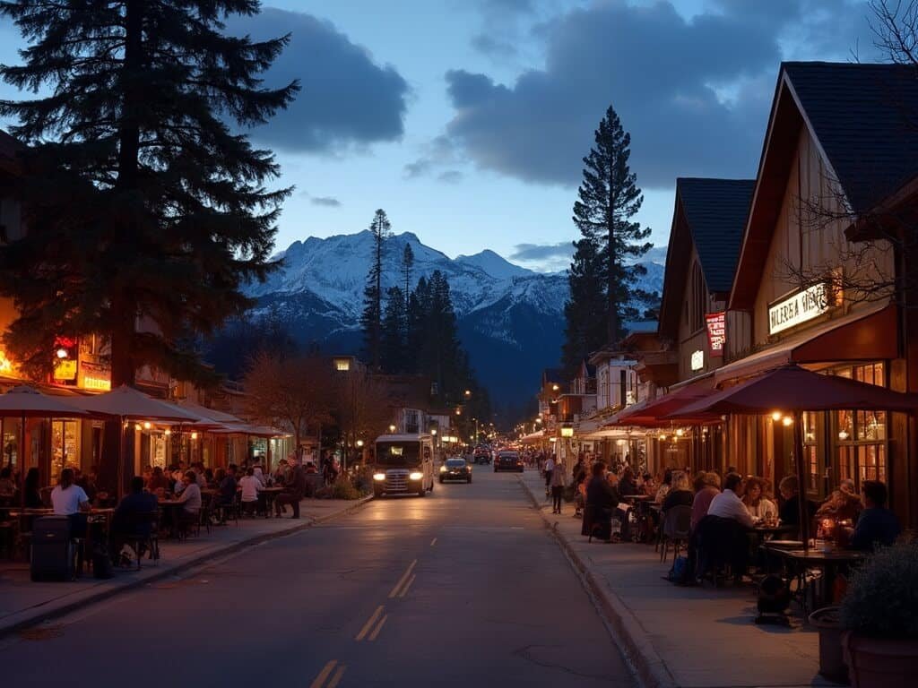 Evening on Main Street in Mammoth Lakes with bundled visitors at outdoor patios under warm amber lights, cool twilight sky, and pine silhouettes showing the dramatic sunset temperature drop.