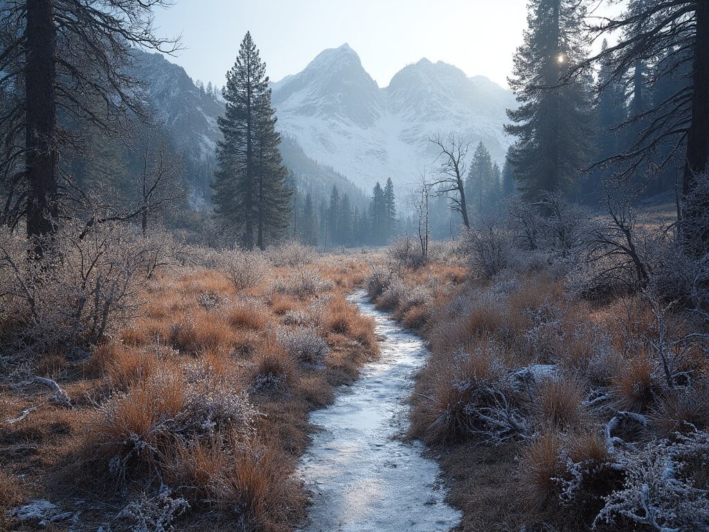 Frosty early November hiking trail near Mammoth Lakes with bare trees, brown meadows, granite rocks, and ice patches under crisp morning light at lower elevation.