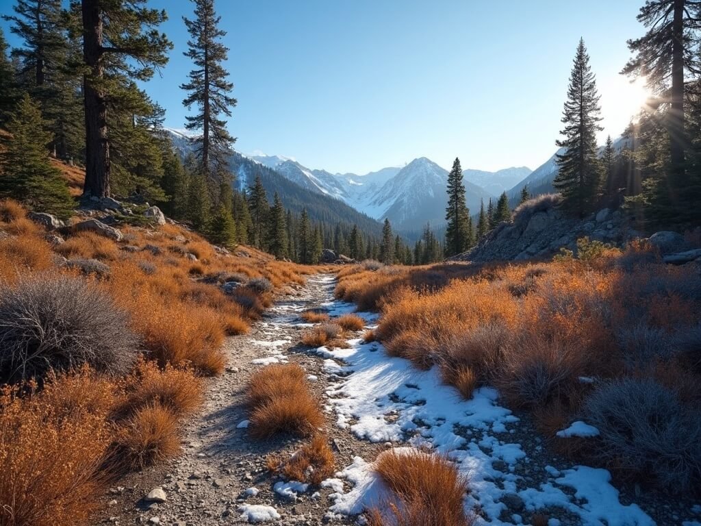 Wide-angle view of Mammoth Lakes in November showing a quiet trail with light snow on golden autumn vegetation, long shadows from low sun, clear blue sky, and mountains in the background.