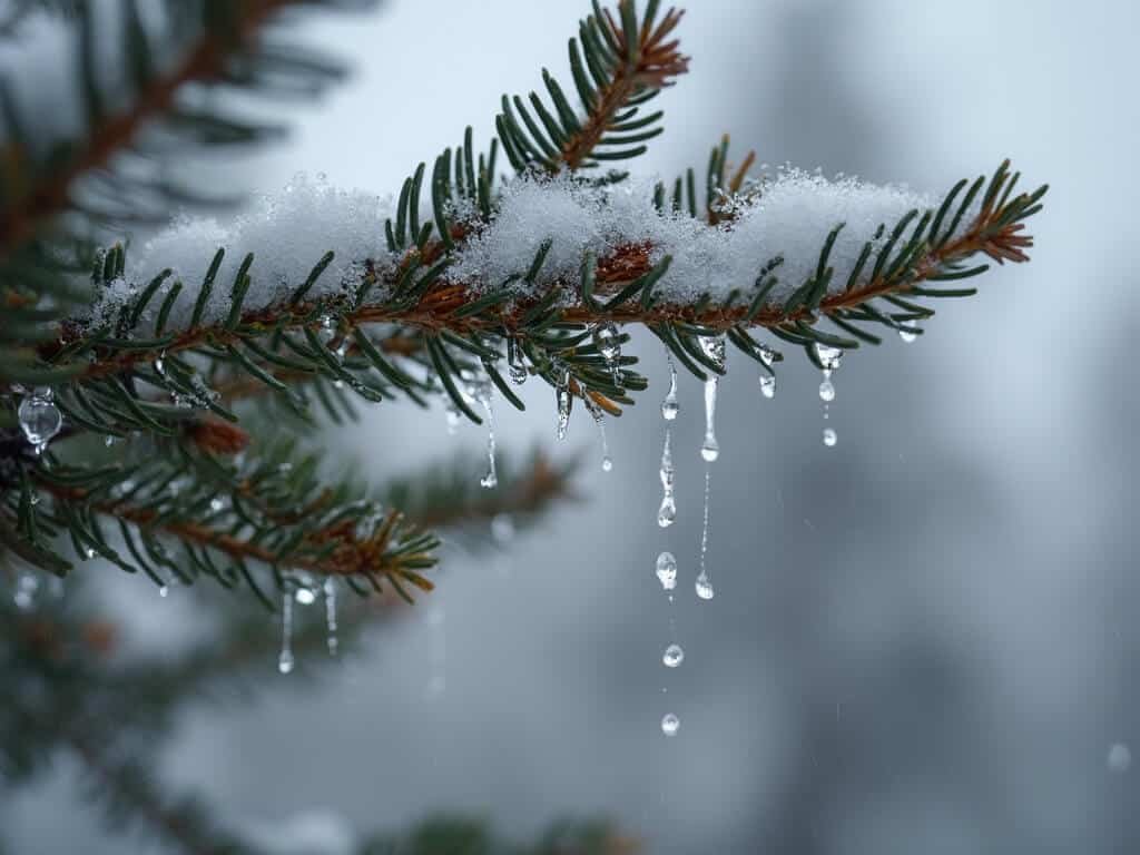 Close-up of pine branches in Mammoth Lakes with raindrops and fresh snowflakes on brown needles under an overcast November sky.