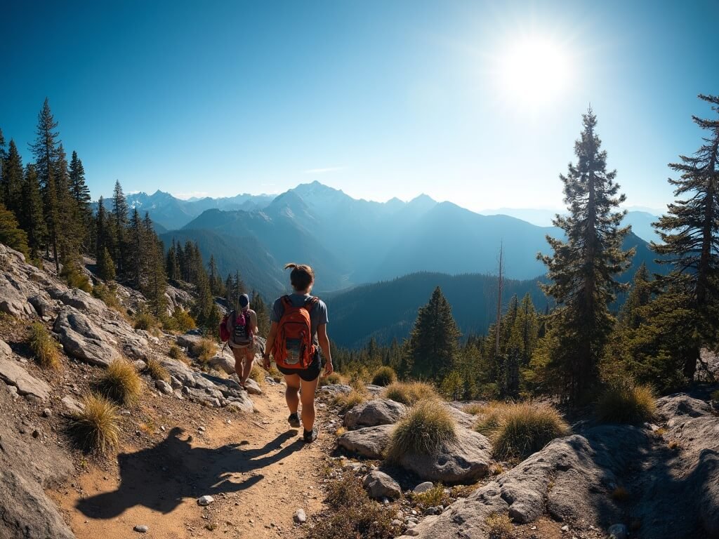 Hikers in summer clothing on a sunny mountain trail in Mammoth Lakes with rocky terrain, bright blue sky, and distant Sierra Nevada pine forests in golden afternoon light.