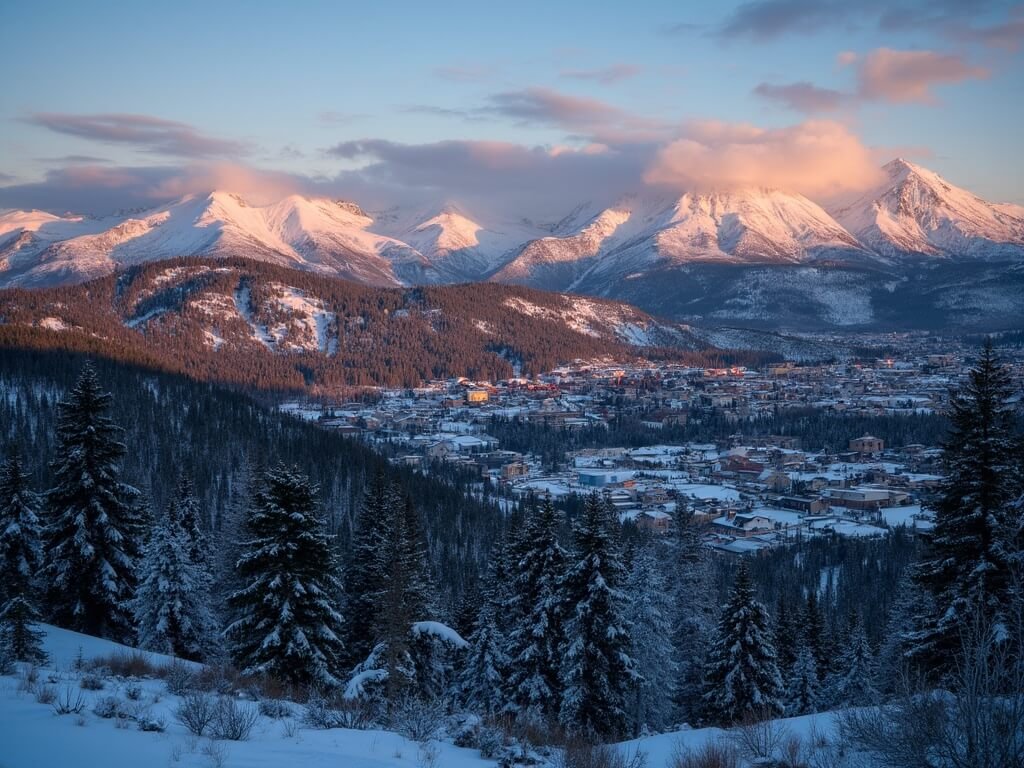 A sunset view over Mammoth Lakes town with warm golden light on buildings, deep blue shadows in the valley, Sierra Nevada peaks in the distance, and early evening lights beginning to glow.