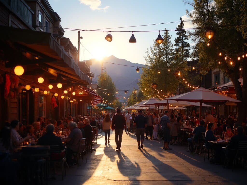 Evening at The Village at Mammoth during golden hour, diners enjoying outdoor restaurants under string lights with Mammoth Mountain silhouette in the background.