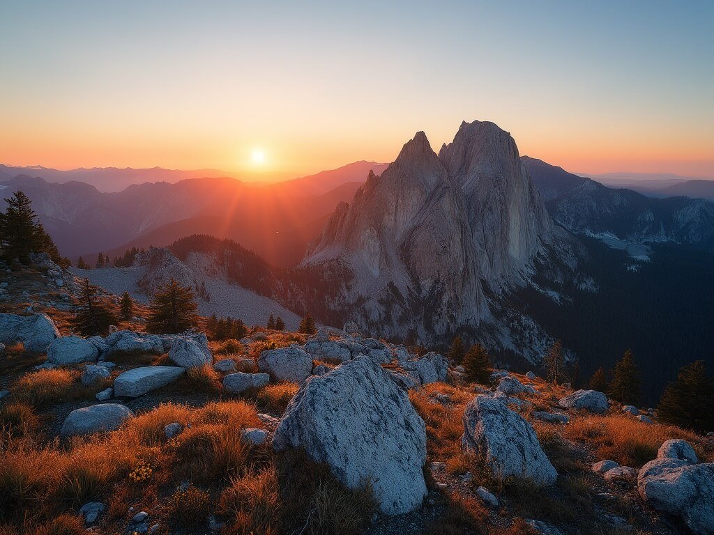 Golden hour sunset from Minaret Vista with glowing jagged peaks, weathered granite boulders, and vibrant alpine vegetation under clear Sierra Nevada skies.