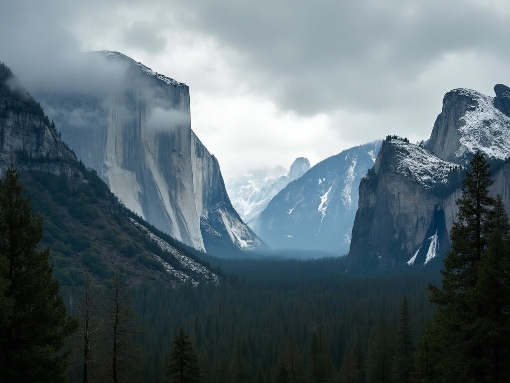 Moody atmospheric view of Yosemite’s Tunnel View in April, with El Capitan and Half Dome emerging through clearing clouds, patches of snow on higher peaks, and spring greenery on the valley floor under dramatic shifting light.