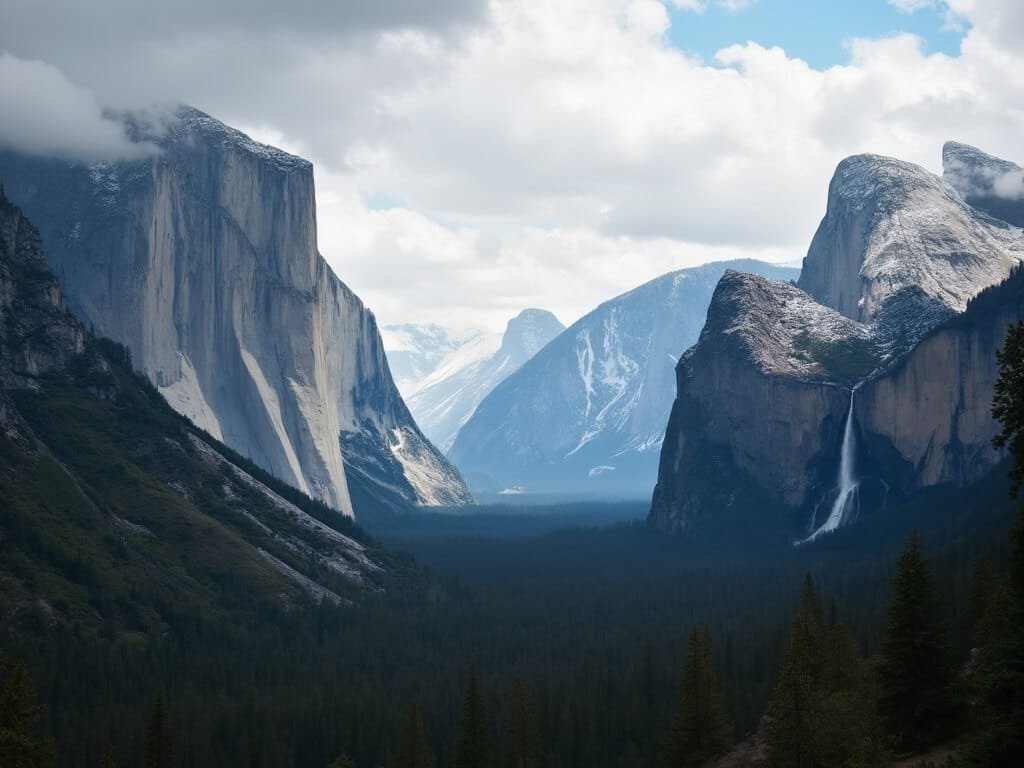 Moody atmospheric view from Tunnel View overlook showing El Capitan and Half Dome emerging through clearing clouds, with snow-dusted peaks, green valley floor, and dynamic spring lighting under partly cloudy skies.
